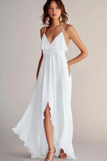 Robe de graduation blanche à volants A Line Spaghetti Straps